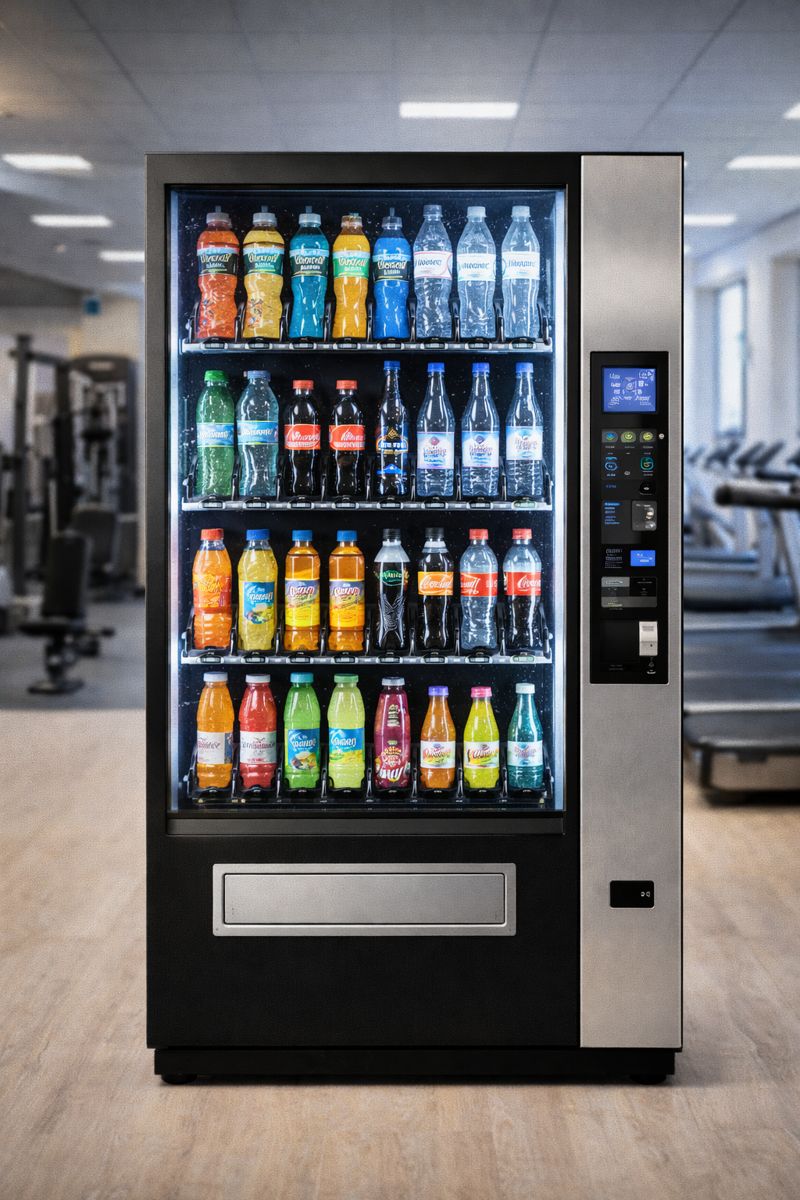 Dryckesautomat med sportdrycker, energidrycker och vatten i modern gymmiljö