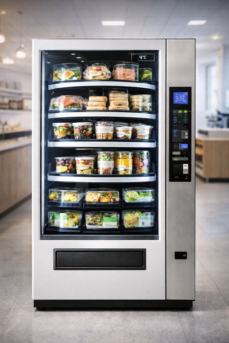 Kyld måltidsautomat med färska sallader, smörgåsar och lunchrätter för arbetsplatser