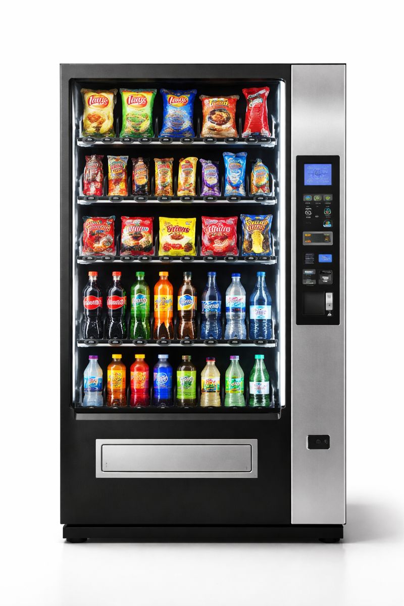 Modern snacks- och dryckesautomat med chips, godis, läsk och vatten i skandinavisk design