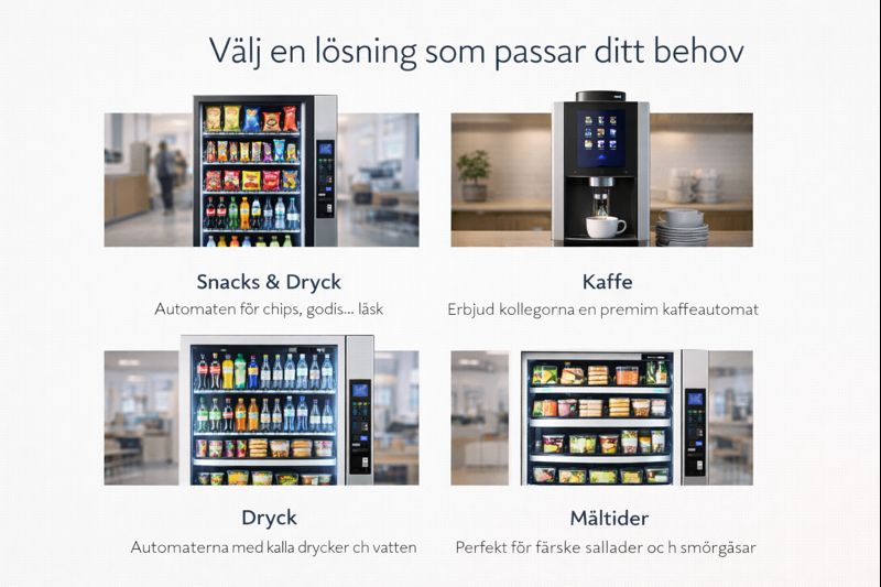 Fyra olika typer av vendingmaskiner i Sverige: snacksautomat, kaffemaskin, dryckesautomat och måltidsautomat