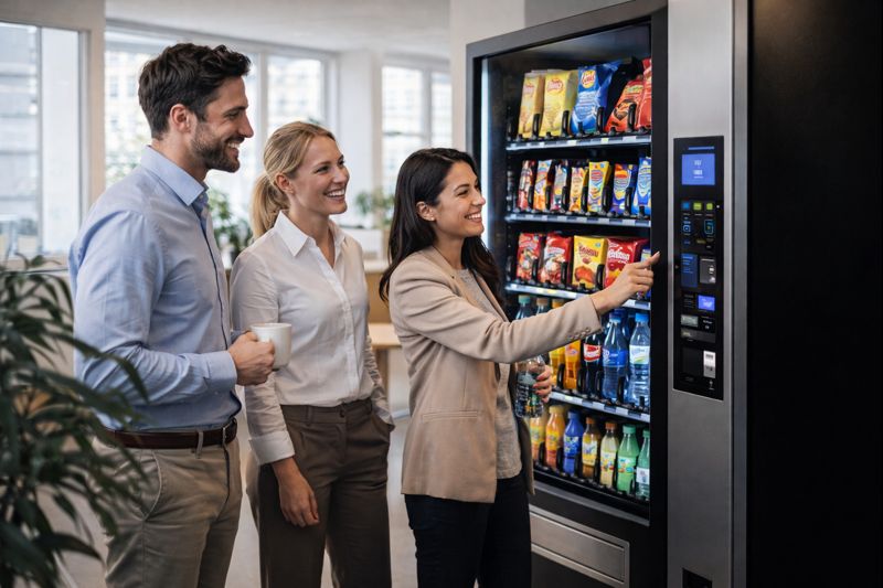 Kontorsanställda tar fika vid vendingmaskin i modernt svenskt kontorslandskap